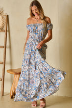 Load image into Gallery viewer, Blue Boho Paisley Print Off Shoulder Maxi Dress