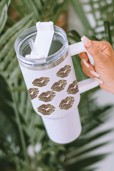 White Valentine Leopard Lips Print Thermos Cuo with Straw 1200ml