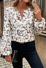 Load image into Gallery viewer, Khaki Leopard Print Split Neck Balloon Sleeve Blouse