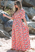 Load image into Gallery viewer, Red Floral Half Sleeve Deep V Neck Cutout Back Split Maxi Dress