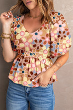 Load image into Gallery viewer, Smocked Printed V-Neck Half Sleeve Blouse