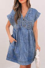 Load image into Gallery viewer, Beau Blue Tie V Neck Tucking Detail Short Sleeve Denim Shift Dress