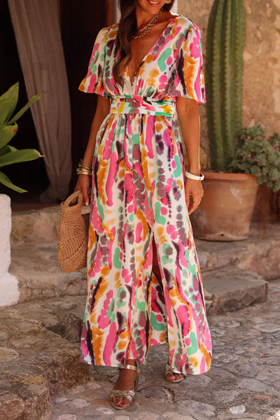 Pink Boho Tie-dye Print V Neck Maxi Dress