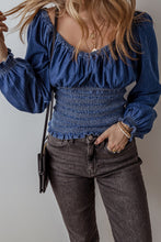 Load image into Gallery viewer, Dark Blue Smocked Ruffled Puff Sleeve V Neck Denim Blouse