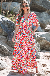 Red Floral Half Sleeve Deep V Neck Cutout Back Split Maxi Dress
