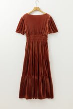 Load image into Gallery viewer, Chestnut Velvet Short Sleeve Shirred Waist Tiered Maxi Dress