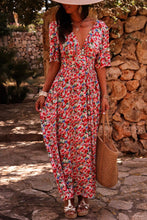 Load image into Gallery viewer, Red Floral Half Sleeve Deep V Neck Cutout Back Split Maxi Dress