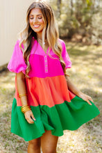 Load image into Gallery viewer, Multicolor Color Block Tiered Puff Sleeve Dress