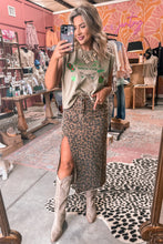 Load image into Gallery viewer, Brown Leopard Denim Frayed Split Denim Midi Skirt