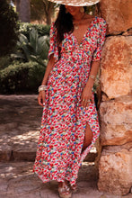 Load image into Gallery viewer, Red Floral Half Sleeve Deep V Neck Cutout Back Split Maxi Dress