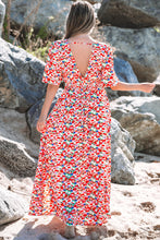 Load image into Gallery viewer, Red Floral Half Sleeve Deep V Neck Cutout Back Split Maxi Dress