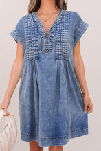 Load image into Gallery viewer, Beau Blue Tie V Neck Tucking Detail Short Sleeve Denim Shift Dress