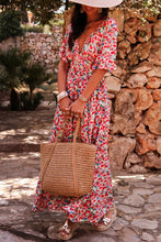 Load image into Gallery viewer, Red Floral Half Sleeve Deep V Neck Cutout Back Split Maxi Dress
