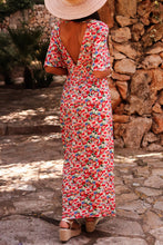 Load image into Gallery viewer, Red Floral Half Sleeve Deep V Neck Cutout Back Split Maxi Dress