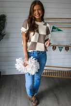 Load image into Gallery viewer, Khaki Checkered Color Block Crew Neck Short Sleeve Sweater