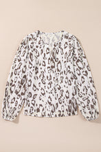 Load image into Gallery viewer, Khaki Leopard Print Split Neck Balloon Sleeve Blouse