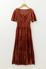 Load image into Gallery viewer, Chestnut Velvet Short Sleeve Shirred Waist Tiered Maxi Dress