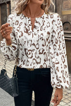 Load image into Gallery viewer, Khaki Leopard Print Split Neck Balloon Sleeve Blouse