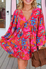 Load image into Gallery viewer, Rose Tropical Printed Lantern Sleeve V Neck Ruffled Plus Size Mini Dress