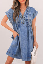 Load image into Gallery viewer, Beau Blue Tie V Neck Tucking Detail Short Sleeve Denim Shift Dress