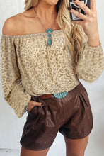 Load image into Gallery viewer, Beige Leopard Velvet Burnout Off Shoulder Long Sleeve Blouse
