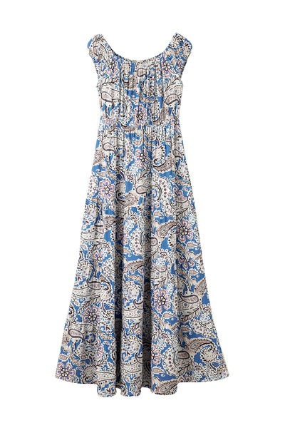 Blue Boho Paisley Print Off Shoulder Maxi Dress