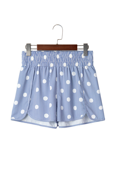 Sky Blue Polka Dot Print Shirred High Waist Casual Shorts