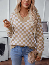 Load image into Gallery viewer, Checkered V-Neck Dropped Shoulder Sweater