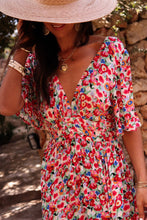 Load image into Gallery viewer, Red Floral Half Sleeve Deep V Neck Cutout Back Split Maxi Dress