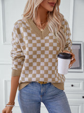 Load image into Gallery viewer, Checkered V-Neck Dropped Shoulder Sweater