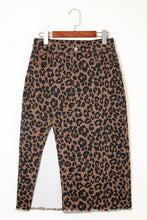 Load image into Gallery viewer, Brown Leopard Denim Frayed Split Denim Midi Skirt
