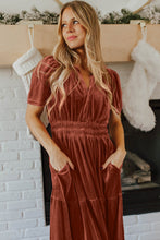 Load image into Gallery viewer, Chestnut Velvet Short Sleeve Shirred Waist Tiered Maxi Dress