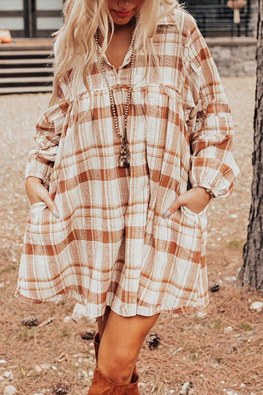 brown plaid babydoll dress Plaid Long Sleeve Babydoll Mini Dress