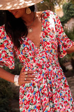 Load image into Gallery viewer, Red Floral Half Sleeve Deep V Neck Cutout Back Split Maxi Dress