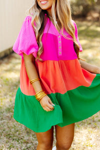 Multicolor Color Block Tiered Puff Sleeve Dress