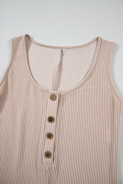 Parchment Corded Knit Side Pockets Buttoned Sleeveless Romper