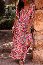 Load image into Gallery viewer, Red Floral Half Sleeve Deep V Neck Cutout Back Split Maxi Dress