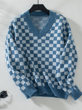 Load image into Gallery viewer, Checkered V-Neck Dropped Shoulder Sweater