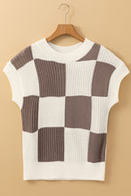 Load image into Gallery viewer, Khaki Checkered Color Block Crew Neck Short Sleeve Sweater