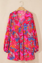 Load image into Gallery viewer, Rose Tropical Printed Lantern Sleeve V Neck Ruffled Plus Size Mini Dress