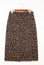 Load image into Gallery viewer, Brown Leopard Denim Frayed Split Denim Midi Skirt