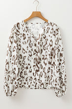 Load image into Gallery viewer, Khaki Leopard Print Split Neck Balloon Sleeve Blouse