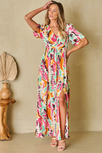 Pink Boho Tie-dye Print V Neck Maxi Dress