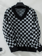 Load image into Gallery viewer, Checkered V-Neck Dropped Shoulder Sweater