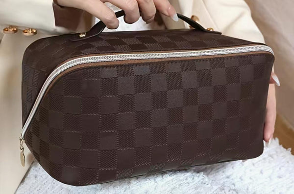 Brown Checkered Makeup Bag