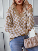 Load image into Gallery viewer, Checkered V-Neck Dropped Shoulder Sweater
