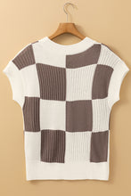 Load image into Gallery viewer, Khaki Checkered Color Block Crew Neck Short Sleeve Sweater
