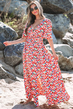 Load image into Gallery viewer, Red Floral Half Sleeve Deep V Neck Cutout Back Split Maxi Dress