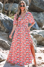 Load image into Gallery viewer, Red Floral Half Sleeve Deep V Neck Cutout Back Split Maxi Dress