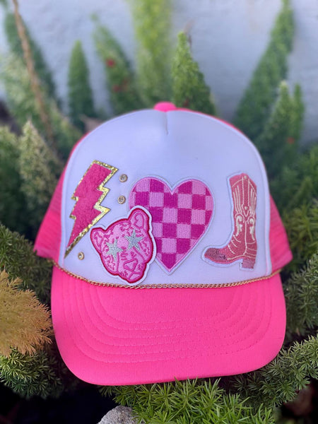 Two Tone Pink Checkered Patch Trucker Hat